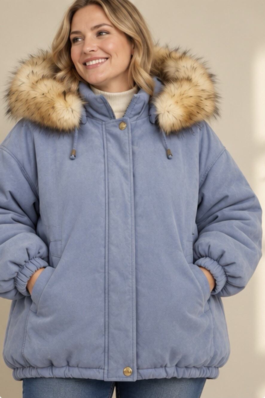 Worthington Hooded Winter Coat Womens Large Blue Fur Trim Zip Front Jacket
